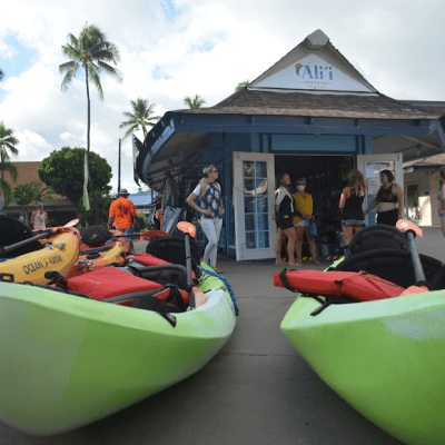 a group of people sitting at a fruit stand