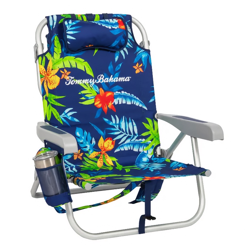 Colorful beach chair with tropical floral pattern and built-in cup holder.