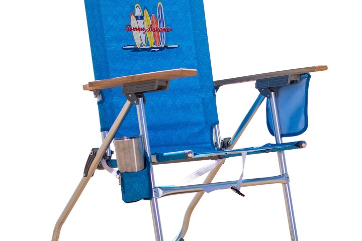 Blue beach chair with surfboard design, cup holder, and wooden armrests.